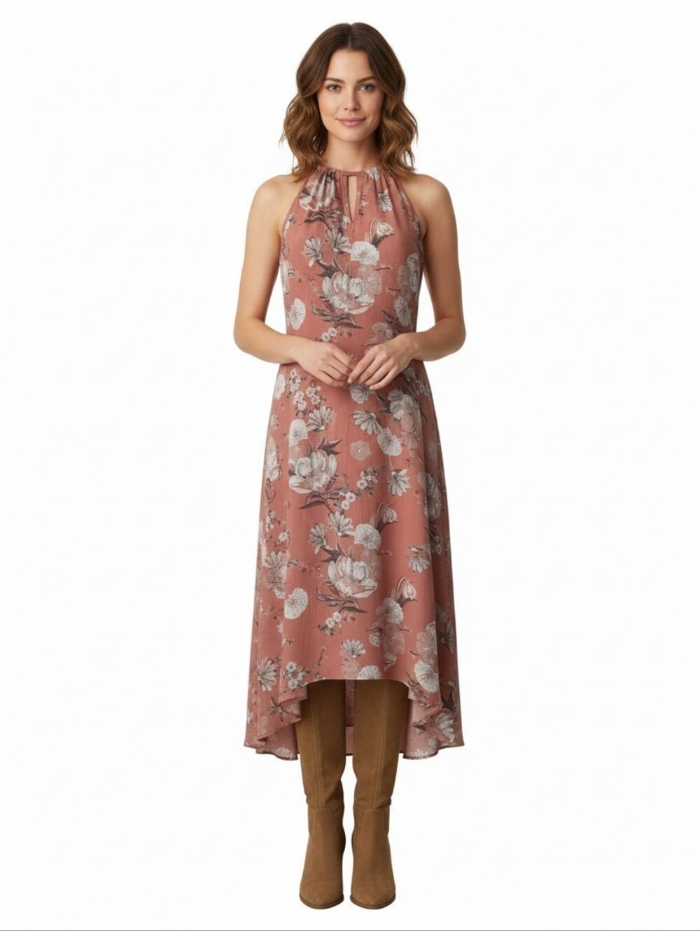 Mlle Gabrielle Halter Dress High Low Coral Floral 1X